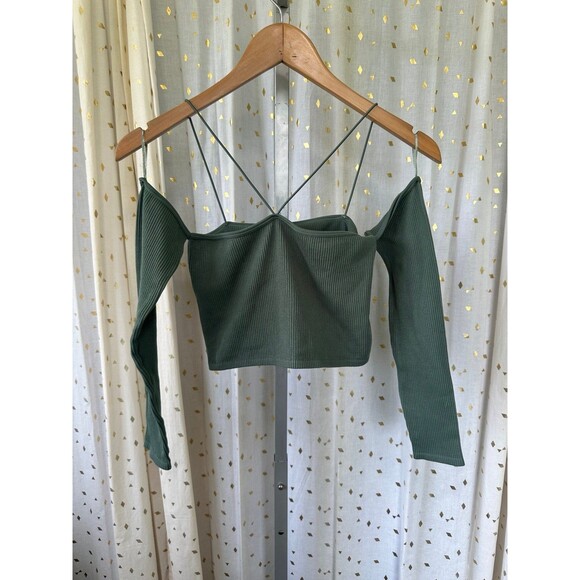 Zara Y2K Olive Off Shoulder Long Sleeve Knit Stretch Bandeau 1 Piece Crop Top XS - Picture 2 of 3